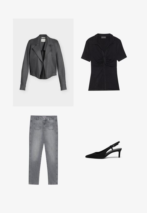 Donkergrijze suède cropped jas met brede revers, lange mouwen en een aansluitende tailleband, afgebeeld tegen een effen lichte achtergrond.; Zwarte top met korte mouwen, kraaghals, geplooide details aan de voorkant en een knoopsluiting. Gemaakt van ribbelstof.; Grijze denim jeans met een rechte pasvorm, vijf zakken en een knoopsluiting. Heeft een lichte wassing en klassieke stiksel details.; Zwarte suède slingback schoen met een puntige neus, lage hak, open zijkant en verstelbare band met een metalen gespsluiting. Glad textuur.