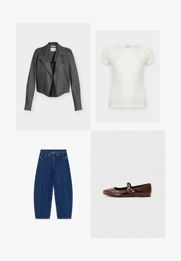 Veste courte en daim gris foncé avec larges revers, manches longues et taille cintrée, présentée sur un fond clair uni.; T-shirt ajusté blanc uni à manches courtes avec encolure ronde, présenté sur un fond neutre.; Jean large en denim bleu foncé avec une taille haute, cinq poches et des attaches en métal argenté. Présente des coutures visibles et une texture lisse.; Ballerine en cuir verni marron avec un bout carré et une lanière ornée d'une petite boucle dorée. Texture lisse, talon bas et design minimaliste.