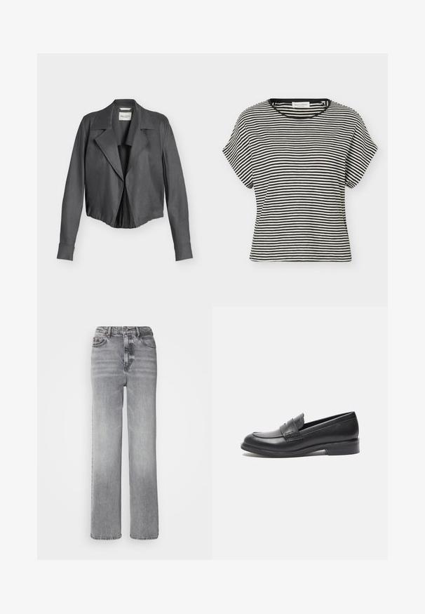Chaqueta corta de ante gris oscuro con solapas anchas, mangas largas y cintura ajustada, exhibida sobre un fondo liso y claro.; Camiseta de manga corta a rayas horizontales en blanco y negro, con cuello redondo y ajuste holgado.; Jeans grises de cintura alta con un diseño de pierna recta, desvanecimiento ligero y un clásico estilo de cinco bolsillos con cierre de botón de metal.; Mocasines de cuero negro con un acabado suave, punta redondeada y detalle de costura lateral. Presentan un tacón bajo y rectangular.