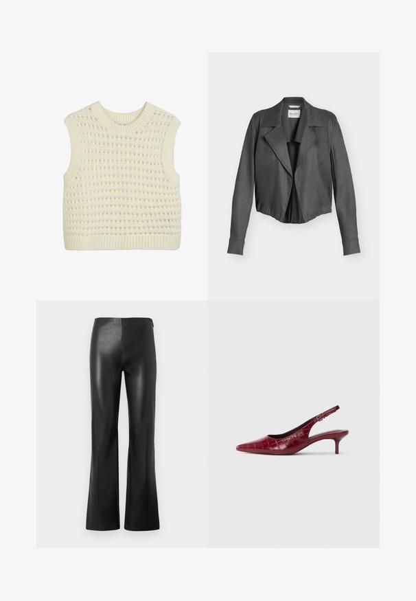 Mørkegrå ruskind cropped jakke med brede slag, lange ærmer og tætsiddende talje, vist mod en ensfarvet lys baggrund.; Ærmeløs strikket tanktop i creme, med et struktureret åbent vævemønster samt ribbede kanter ved hals og bund.; Sorte læder flarebukser med en glat tekstur og høj talje, der har rene linjer uden synlig hardware eller udsmykning.; Bordeaux læder slingback pumpe med krokodillestruktur, spidse tæer, justerbar spænde rem og lav kitten hæl på en hvid baggrund.
