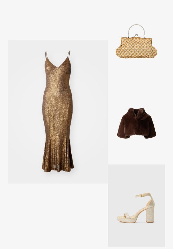 Veste courte en fausse fourrure marron foncé avec grand col et manches longues, présentée sur fond blanc.; Robe en sequins dorés avec une silhouette ajustée, des bretelles spaghetti et un ourlet évasé. La surface texturée réfléchit la lumière, accentuant le scintillement.; Sandale à talons hauts en plateforme dorée pailletée avec une bride à la cheville et une boucle sur fond blanc.; Pochette vintage à main avec un motif en perles dorées et de perles formant des motifs en coquille, cadre en métal argenté et fermoir.