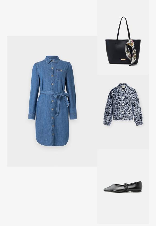 Knappet langærmet jakke med elastiske manchetter, med lyst blå og sort abstrakt dyreprint på en lys baggrund.; Denim skjortekjole med lange ærmer, frontknapper, brystlomme og knyttet taljebælte i medium blå vask.; Sort læder flad sko med en rynket rem over toppen og en let spids tå, vist mod en ensfarvet baggrund.; Sort læder tote taske med to skulderremme, prydet med et blomsterprint silkeslør bundet om håndtaget og en metallisk logo detalje på forsiden.