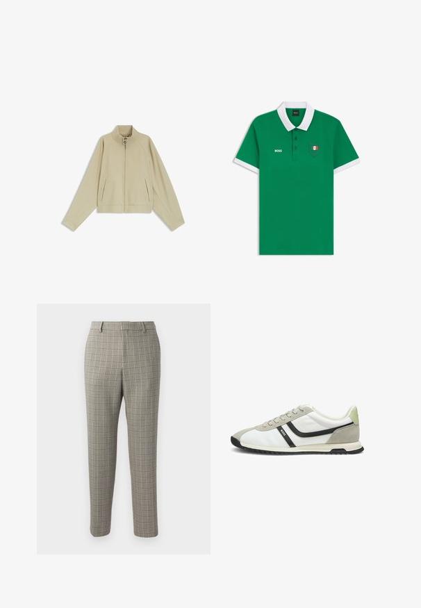Chaqueta beige con cremallera, cuello alto y dos botones, mangas largas y bolsillos frontales con abertura, colocada plana sobre fondo blanco.; Polo verde con cuello blanco y bordes en las mangas, logo "BOSS" en el pecho, y un pequeño emblema de la bandera mexicana en el bolsillo.; Pantalones de un tejido beige claro con un patrón de cuadros en marrón oscuro y azul marino, con corte recto y cinturilla estándar.; Zapatilla casual blanca y beige con rayas negras a los lados, cordones en la parte frontal y el logo "BOSS" en el lateral, con suela negra estriada.