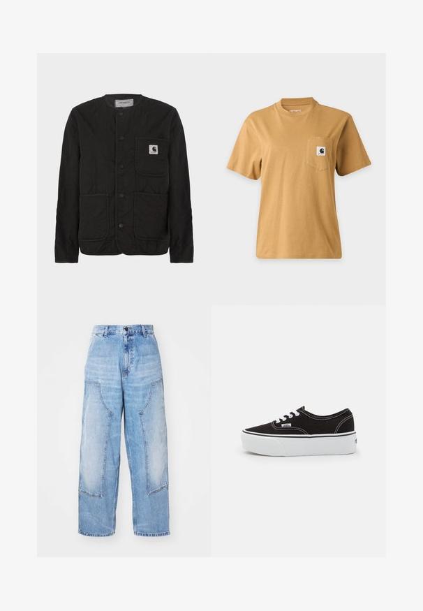 Quiltet sort jakke lavet af letvægtsstof, med rund hals, knaplukning og to forlommer. Indeholder en logopatch.; Enkelt brun kortærmet t-shirt med en brystlomme med en firkantet mærkelogo-patch, vist på en ensartet lys baggrund.; Lysblå denim bredbenede bukser med to store forlommer, en knaplukning og subtil falming. Syninger på lommedetaljerne.; Sort lærred sneakers med en hvid gummi platform sål, der har hvide snørebånd og syninger, ikonisk branding på siden, lav-top design.