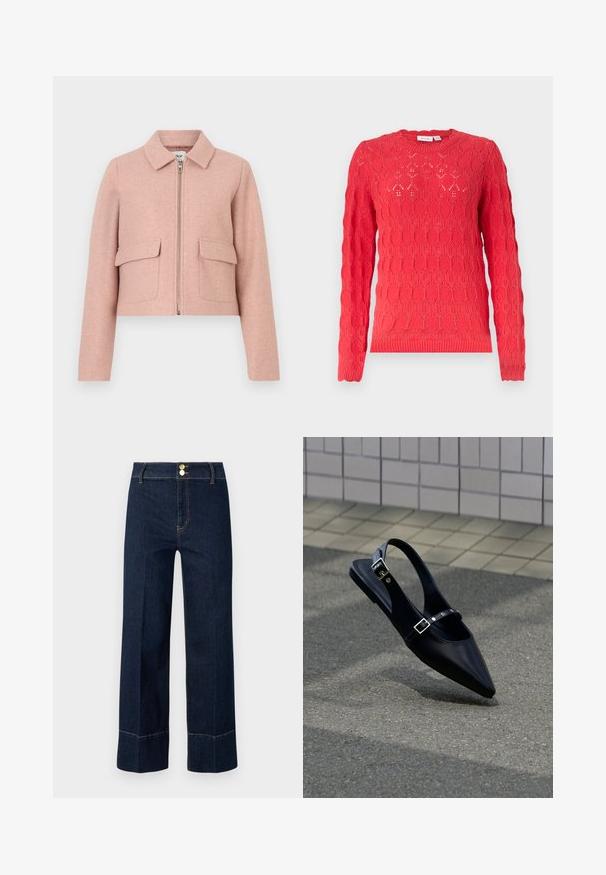 Chaqueta corta en tejido rosa suave, con cuello camisero, cremallera frontal y dos bolsillos parche. Textura lisa con un diseño minimalista.; Suéter rojo de punto de manga larga con cuello redondo y diseño calado texturizado de óvalos en todo el tejido.; Jeans de tiro alto y pierna ancha en azul oscuro con dobles botones dorados y costuras naranjas visibles sobre un fondo claro.; Zapato plano negro de punta puntiaguda con tiras de doble hebilla y talón descubierto, descansando sobre asfalto gris cerca de una pared con azulejos.