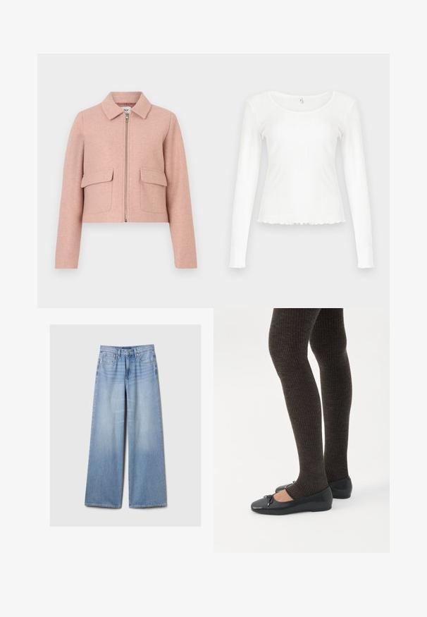 Veste courte en tissu rose pâle, avec un col, une fermeture éclair à l'avant et deux poches plaquées. Texture lisse avec un design minimaliste.; Haut blanc à manches longues en tissu côtelé. Dispose d'un col rond et d'un ourlet effiloché, avec une silhouette ajustée. Aucun accessoire visible.; Jeans en denim large de couleur bleu clair avec des poches avant, des passants de ceinture, et une fermeture à bouton et à zipper.; Jambes portant des leggings côtelés foncés associés à des ballerines noires avec de petits détails en nœud sur fond blanc.