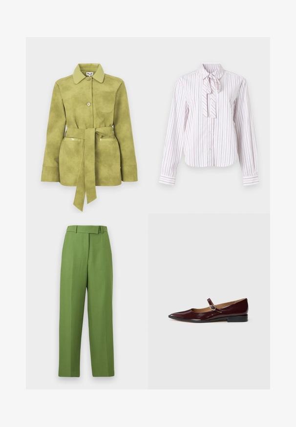 Veste en daim vert clair avec une taille ceinturée, deux poches avant, fermeture à boutons et un col pointu.; Chemise à manches longues blanche avec des rayures verticales roses, dotée d'un col cravaté, d'une fermeture à boutons et d'une coupe structurée.; Pantalon vert taille haute à jambes droites avec passants pour ceinture, fermeture éclair avant et large ceinture, présenté sur un fond blanc.; Ballerines en cuir verni bordeaux de type Mary Jane avec un bout pointu, un talon plat et une sangle décorative avec une boucle circulaire.