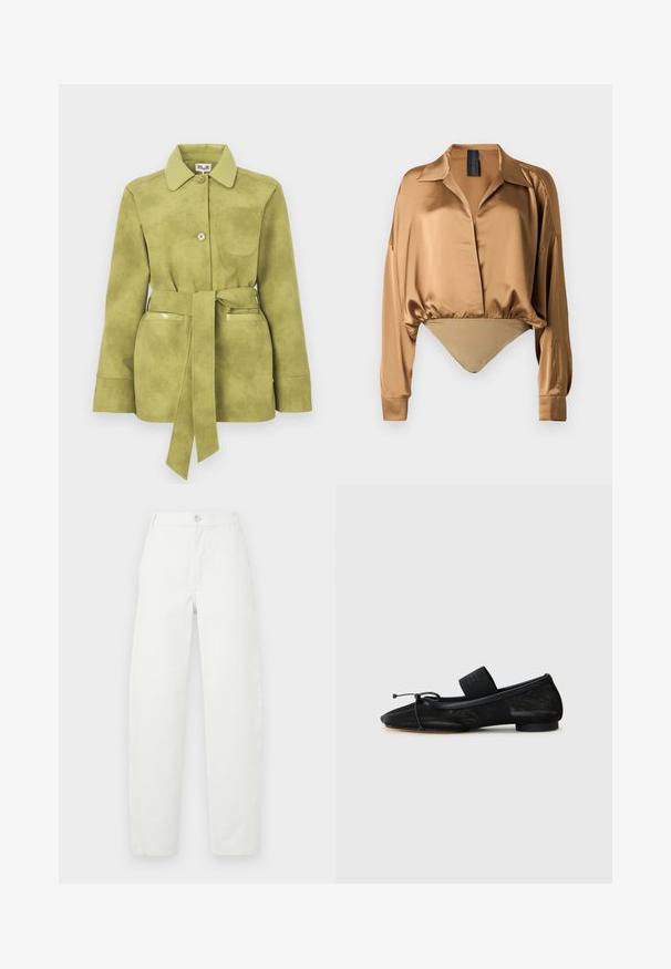 Hellgrüne Wildlederjacke mit tailliertem Gürtel, zwei Fronttaschen, Knopfverschluss und spitzem Kragen.; Bronzefarbene Satinbluse mit Kragen, langen Ärmeln und einem taillierten Bodysuit-Stil. Glatte Textur und dezenter Glanz.; Weiße High-Waist-Hosen mit geradem Bein, Frontknopf, Reißverschluss, Gürtelschlaufen und Seitentaschen auf einem einfarbigen Hintergrund.; Schwarze flache Schuhe mit einer spitzen Zehe, aus strukturiertem Stoff, mit einem Schleifenakzent und einem kleinen, runden Absatz. Elastisches Band am Knöchel.