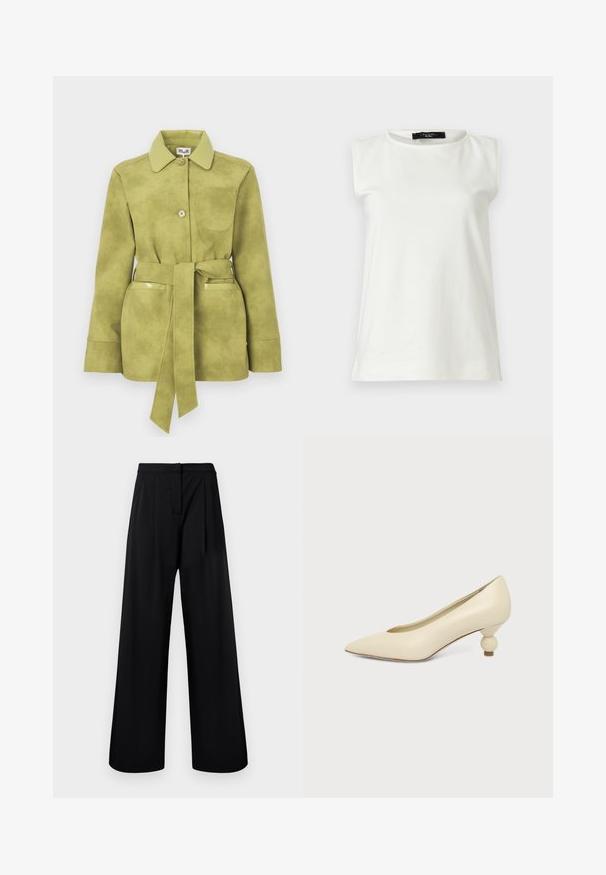 Chaqueta de ante verde claro con cintura ceñida con cinturón, dos bolsillos delanteros, cierre de botones y cuello puntiagudo.; Top blanco sin mangas con hombreras acolchadas y escote redondo, mostrado sobre un fondo claro.; Pantalones de pierna ancha negros, hechos de una tela suave, con cintura alta y detalles de pliegues. Sin adornos ni patrones visibles.; Zapato de mujer color crema con punta afilada y tacón bajo, con tacón redondo en forma de bola, sobre un fondo liso.