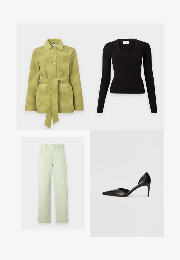 Chaqueta de ante verde claro con cintura ceñida con cinturón, dos bolsillos delanteros, cierre de botones y cuello puntiagudo.; Top negro de manga larga con cuello redondo, hecho de material acanalado, con un ajuste entallado y diseño minimalista. Sin patrones ni detalles visibles.; Vaqueros verde claro de tiro alto y pernera recta con botón frontal, cremallera, trabillas y diseño de cinco bolsillos.; Zapatos de tacón alto de cuero negro con punta afilada, lados abiertos y una silueta elegante. Presentan un tacón delgado y un acento en la suela roja.