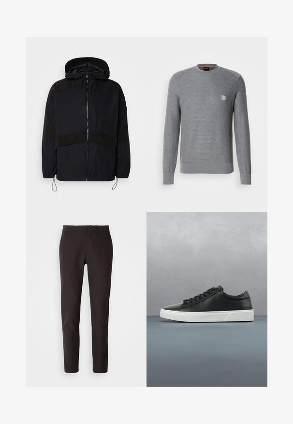 Sort jakke med hætte, der har lynlås-lukning og kontrasterende matte teksturer over skuldrene og brystet. Justerbar snoretræk i kanten.; Grå, strikket sweater med lange ærmer, ribbede manchetter og rund halsudskæring. Har et lille kvadratisk logo på brystet.; Sorte bukser lavet af glat stof, med lige snit, standard linning med knaplukning og uden synlige lommer eller mønstre.; Sorte lædersneakers med rund tå, tekstureret overflade, hvid gummisål og sorte snørebånd. Minimalistisk design med en slank profil.