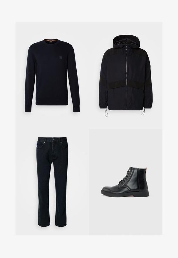 Veste noire avec capuche, dotée d'une fermeture éclair et de textures mates contrastées sur les épaules et la poitrine. Cordon de serrage ajustable à l'ourlet.; Pull en tricot bleu marine avec des manches longues, un col ras du cou, des poignets et un ourlet côtelés, arborant un petit logo carré sur la poitrine.; HUGO JONAH - Jean droit - dark blue; Bottine en cuir noir avec laçage à l'avant, bout arrondi, semelle plate et languette à l'arrière sur un fond uni gris clair.