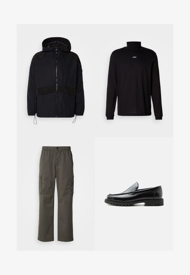 Chaqueta negra con capucha, que cuenta con un cierre de cremallera y texturas mates contrastantes en los hombros y el pecho. Cordón ajustable en el dobladillo.; Camisa de cuello alto negra de manga larga hecha de un tejido suave, con el logo blanco "HUGO" en el pecho, con puños y dobladillo ajustados.; Pantalones cargo en gris oscuro con cintura elástica, dos bolsillos laterales y un corte relajado. Fabricados con un tejido duradero y de textura suave.; Mocasín de cuero negro con suela de goma gruesa, empeine cosido y nombre de la marca en relieve en el talón, mostrado en perfil lateral sobre fondo blanco.