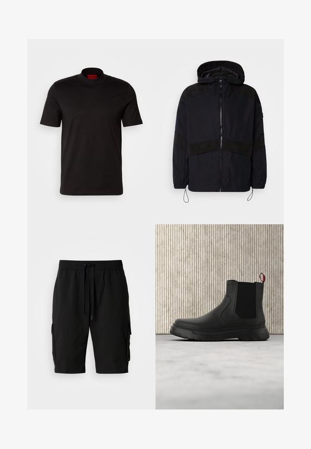 Sort jakke med hætte, der har lynlås-lukning og kontrasterende matte teksturer over skuldrene og brystet. Justerbar snoretræk i kanten.; Sort kortærmet t-shirt med høj hals design. Fremstillet af glat stof. Har et rødt mærke på indersiden af kraven.; Sorte cargo shorts lavet af letvægtsstof, med elastisk talje, snor og sidelommer til ekstra opbevaring.; Sort ankelstøvle med en glat overflade, elastiske sidepaneler og en kontrasterende rød træksløjfe, der har en tyk gummisål og rund tå.
