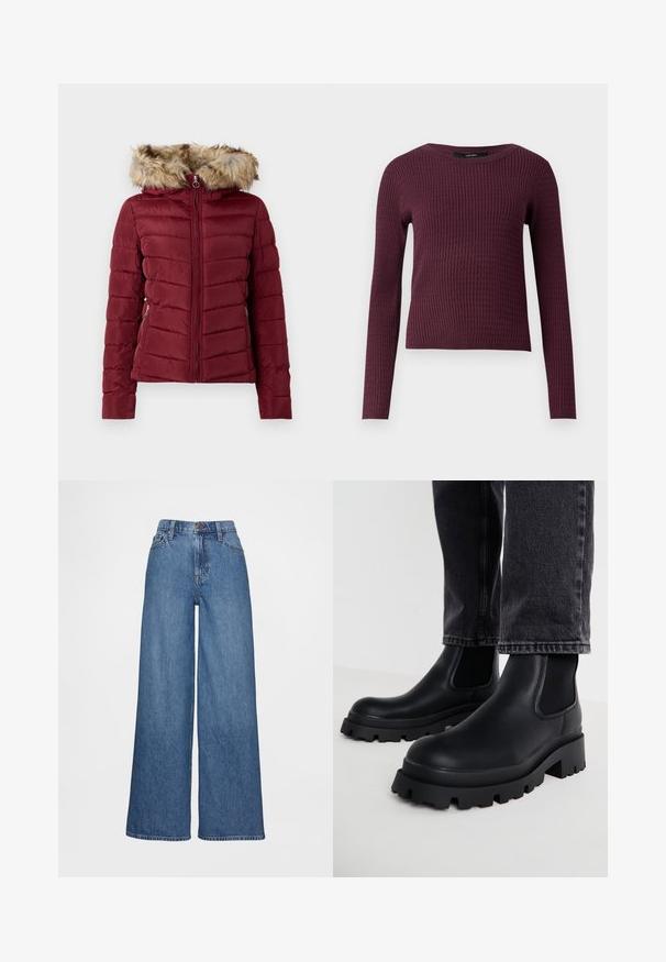 Bordeaux pufjakke med hætte beklædt med kunstpels, lynlås foran og sidelommer. Har quiltet struktur og tætsiddende pasform for varme.; Langærmet sweater i mørk burgundy med struktur og ribbet tekstur, rund halsudskæring og tætsiddende design. Let strikket stof.; Vidbenede jeans i mediumblåt denim, med høj talje, bæltestropper og knaplukning. Glat tekstur med få syningsdetaljer.; Sorte ankelstøvler med en kraftig sål, lavet af glat læder, med elastiske sidepaneler og en blokhæl, parret med mørke denimbukser.