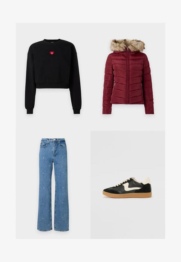 Bordeaux gekleurde pufferjack met een nep-vacht gevoerde capuchon, ritssluiting aan de voorkant en zijzakken. Heeft een gewatteerde textuur en een aansluitende pasvorm voor warmte.; Zwarte cropped sweatshirt met lange mouwen, geribde manchetten en een rode hartpatch met de tekst "LOVE YOU CLUB" op de borst.; Blauwe hoge taille rechte jeans met kleine witte bloemenborduursels verspreid over de stof.; Zwarte suède en leren sneaker met een crèmekleurige zij-swoosh en lichte crèmekleurige hiel. Voorzien van beige veters en een gumrubberen zool.