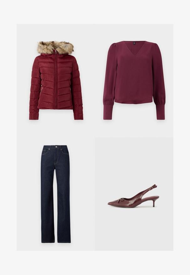 Chaqueta de plumas color marrón con capucha forrada de piel sintética, cierre con cremallera frontal y bolsillos laterales. Presenta un diseño acolchado y un ajuste ceñido para mayor calor.; Blusa burdeos con escote en V, mangas largas abullonadas y puños elásticos. Fabricada con un tejido ligero y texturizado. Diseño simple y moderno.; Vaqueros de mezclilla azul marino con un diseño de pierna recta, estilo clásico de cinco bolsillos, costuras visibles y cierre frontal con botón.; Tacón slingback de cuero burdeos con punta afilada, correa ajustable y detalle decorativo de lazo en la parte delantera. Altura del tacón de 3 pulgadas.