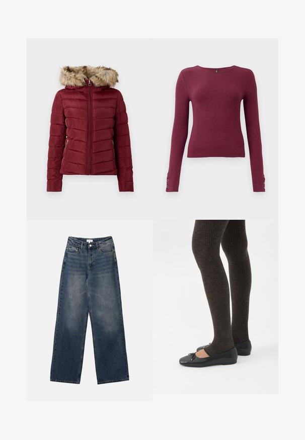 Bordeaux pufjakke med hætte beklædt med kunstpels, lynlås foran og sidelommer. Har quiltet struktur og tætsiddende pasform for varme.; Burgundy langærmet ribstrikket sweater med rund halsudskæring og knapdetaljer på ærmerne. Fremstillet af et tekstureret strikmateriale.; Mænds højtaljede blå denim jeans med brede ben, frontknap og lynlås samt for- og baglommer.; Ben iført mørke ribbede leggings kombineret med sorte balletsko med små sløjfedetaljer på hvid baggrund.