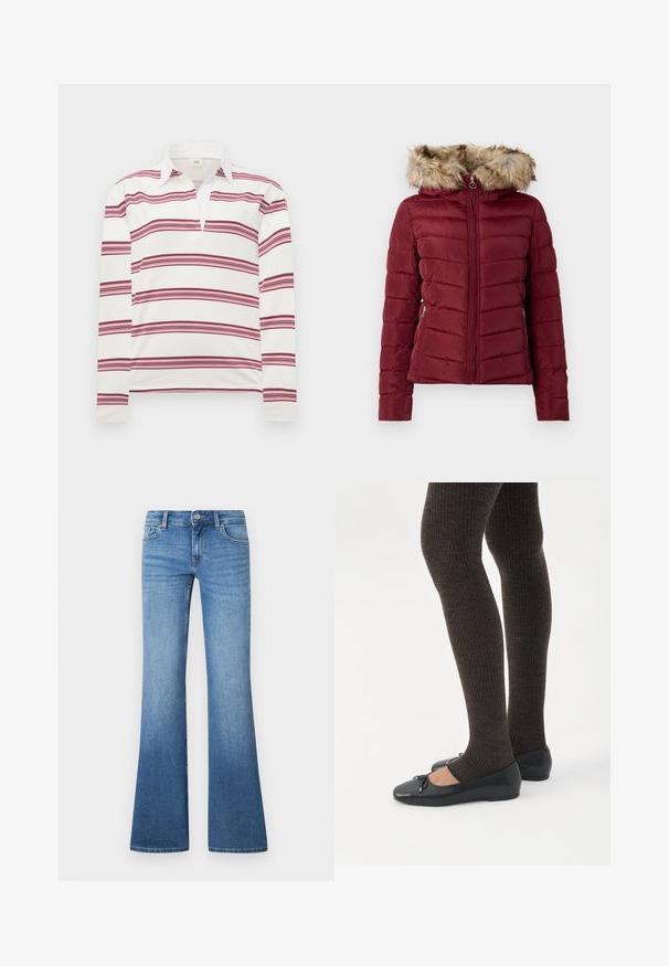 Doudoune bordeaux avec capuche en fausse fourrure, fermeture éclair sur le devant et poches latérales. Présente une texture matelassée et une coupe ajustée pour la chaleur.; Polo à manches longues en blanc avec des rayures horizontales bordeaux et roses, présentant un col contrasté et un plastron pour un décolleté dégagé.; Jean flare bleu clair en denim. Comprend un design à cinq poches, une fermeture par bouton métallique et un léger délavage près des genoux.; Jambes portant des leggings côtelés foncés associés à des ballerines noires avec de petits détails en nœud sur fond blanc.