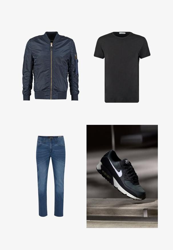 Marineblaues Bomberjackett aus glattem synthetischem Material, mit einem Frontreißverschluss, gerippten Bündchen und einer Reißverschlusstasche am Arm.; Schwarzes Baumwoll-T-Shirt mit Rundhalsausschnitt und kurzen Ärmeln. Der Stoff hat eine glatte Textur und keine Muster oder Akzente. Normale Passform.; Denim-Jeans in einem mittleren Blauton mit geradem Schnitt. Zu den Merkmalen gehören das klassische Fünf-Taschen-Design und dezente Verblassungsmuster auf dem Stoff.; Schwarzer und grauer Nike Air Max Sneaker mit weißem Swoosh, schwebend über einer Betonfläche vor einem verschwommenen dunklen Hintergrund.