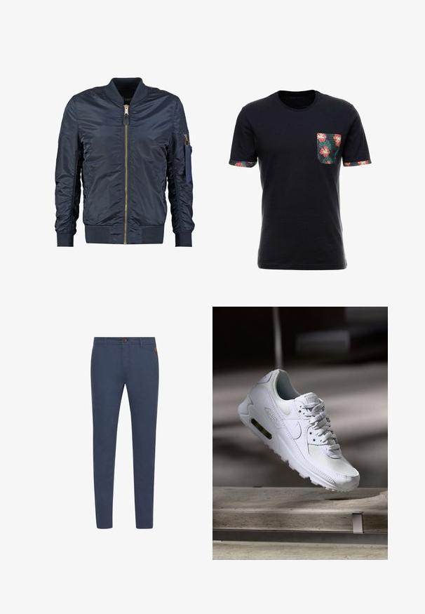 Chaqueta bomber azul marino hecha de material sintético suave, con cremallera frontal, puños acanalados y un bolsillo con cremallera en la manga.; Camiseta negra de manga corta con un bolsillo floral y puños estampados. Está hecha de algodón suave con un corte relajado y un cuello redondo.; Pantalones de algodón azul marino con corte slim, con un botón marrón, bolsillos frontales y costuras simples. Textura suave, sin patrones visibles.; Zapatilla Nike Air Max 90 blanca con parte superior de malla y cuero, caja de puntera perforada y unidad de aire visible en el talón.