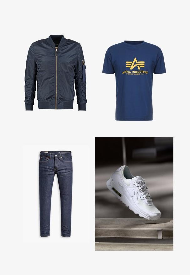Marineblauwe bomberjack van soepel synthetisch materiaal, met een rits aan de voorkant, geribbelde manchetten en een ritszak op de arm.; Marineblauwe katoenen t-shirt met een gele zeefgedrukte logo met geometrisch ontwerp en de tekst "ALPHA INDUSTRIES, KNOXVILLE, TENNESSEE, U.S.A."; Donkerblauwe slim-fit Levi's Performance spijkerbroek met vijf zakken en zichtbare stiksels op een witte achtergrond.; Witte Nike Air Max 90 sneaker met een bovenwerk van mesh en leer, een geperforeerde teenbox en een zichtbare luchtunit in de hiel.