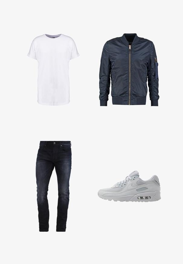 Chaqueta bomber azul marino hecha de material sintético suave, con cremallera frontal, puños acanalados y un bolsillo con cremallera en la manga.; Camiseta blanca lisa de manga corta con puños remangados y cuello redondo, mostrada sobre un fondo blanco.; Vaqueros ajustados de un azul oscuro con un ligero desgastado en los muslos y las rodillas, que cuentan con bolsillos frontales, pasadores para cinturón y cierre de botón.; Zapatilla Nike Air Max 90 de color gris claro, hecha de malla y cuero, con cordones redondos, un cuello acolchado y amortiguación de aire visible en la suela.