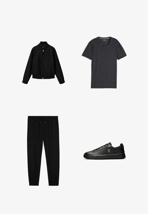 Zwarte bomberjas met ritssluiting, geribde kraag, manchetten en zoom, met zijzakken en een minimalistisch ontwerp.; Zwarte heide korte mouw t-shirt van merinowol, met een ronde halslijn en een gladde, licht gestructureerde stof.; Zwarte joggingbroek met elastische tailleband, koordsluiting, voorzakken met opgestikte zakken en elastische boorden, op een witte achtergrond.; On THE ROGER ADVANTAGE - Tennisschoenen voor alle ondergronden - black black
