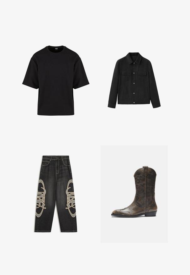 Veste noire à manches longues avec col, boutons-pression devant, deux poches poitrine à rabat et deux poches latérales, présentée sur fond blanc.; Urban Classics SCUBA TEE - T-shirt basique - black; Jean noir à jambes larges avec une légère broderie géométrique sur les zones extérieures des cuisses, poches standards et fermeture par bouton à la taille.; Botte de cow-boy en cuir marron avec un long tige, un bout pointu, des motifs de couture complexes et un petit talon. Finition texturée tout au long.