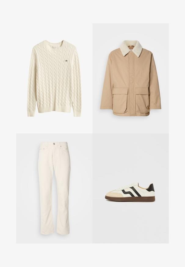 Beige vinterjakke med hvid fleecekrave, frontlomme, lange ærmer og Calvin Klein-logo på den nederste højre lomme.; Kremfarvet kabelstrikket sweater med lange ærmer, rund hals og lille broderet logo på venstre bryst.; Beige bomuldsjeans med et klassisk lige ben-design, der har en forreste knaplukning, fem lommer og diskrete syninger.; Hvid læder sneakers med sorte striber og tan ruskind tækkappe. Gummisål i mørkebrun. Snørebånd og polstret krave fuldender designet.