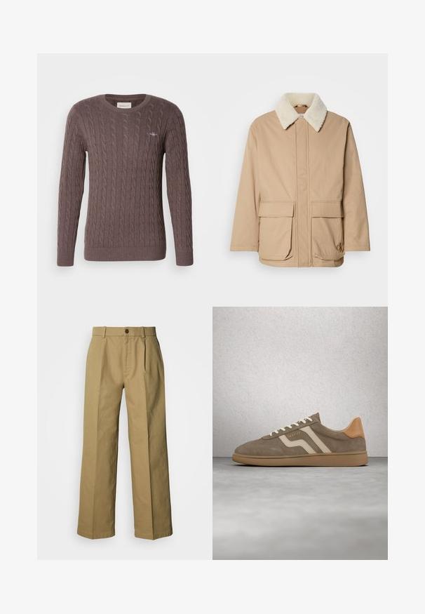 Béžová zimná bunda s bielym fleece golierom, predné vrecká na klopu, dlhé rukávy a logo Calvin Klein na dolnom pravom vrecku.; Hnedý sveter s pleteným vzorom, okrúhlym výstrihom, dlhými rukávmi a ribbovanými manžetami a lemom. Obsahuje malú vyšívanú nášivku na hrudi.; Béžové široké nohavice z bavlny s gombíkovou prednou časťou, tromi záhybmi a rovnými lemy pre pohodlný strih.; Hnedá semišová teniska s béžovými pruhmi, krémovými šnúrkami a gumovou podrážkou vznášajúca sa nad sivou podlahou a stenou z presklených tehál.