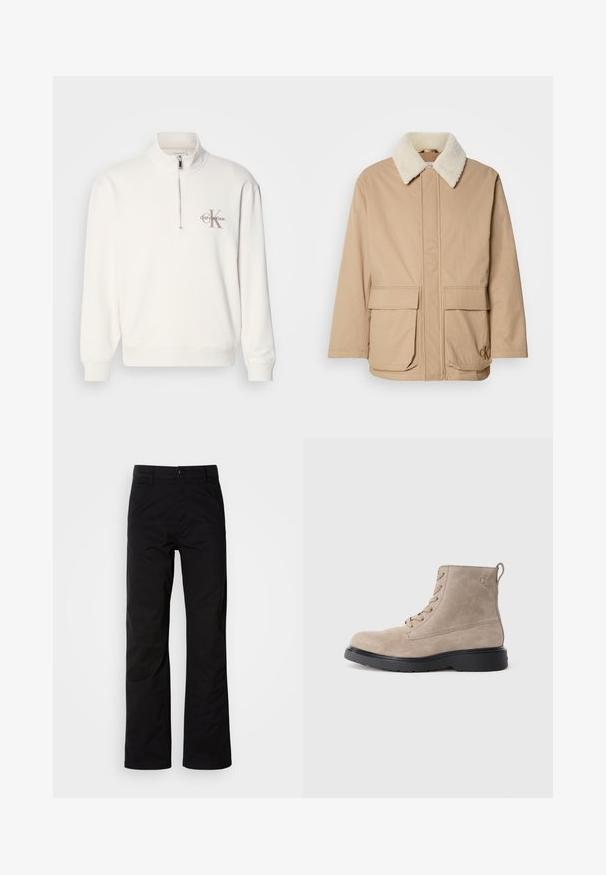 Beige vinterjakke med hvid fleecekrave, frontlomme, lange ærmer og Calvin Klein-logo på den nederste højre lomme.; Hvid pullover sweatshirt med halv-zip krave, der har et gråt logo på venstre bryst og ribbede manchetter og kant. Blødt materiale.; Sort bomuldsbukser med lige ben, der har knaplukning og bæltestropper. Glat tekstur og minimalistisk stil uden synlige mønstre.; Beige ruskindsankelstøvler med sort gummisål, snørelukning og et lille logo præget på siden, med en løftestrop bagpå.