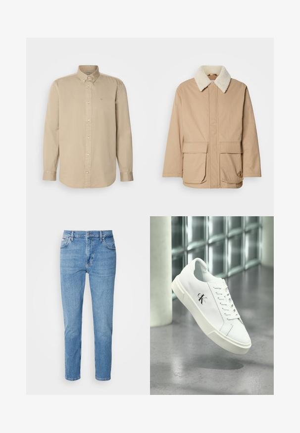 Béžová zimná bunda s bielym fleece golierom, predné vrecká na klopu, dlhé rukávy a logo Calvin Klein na dolnom pravom vrecku.; Béžová košeľa s dlhým rukávom vyrobená z bavlny, s golierom na gombíky, predným zapínaním na gombíky a malým vyšitým logom na hrudi.; Svetlomodré džínsy s rovný strih, dizajn s piatimi vreckami a jemným vyblednutím. Obsahujú zapínanie na gombík a pútka na opasok.; Biela teniska Calvin Klein so šnúrkami, zobrazená vznášajúca sa nad leštenou betónovou podlahou a stenou z sklenených blokov.