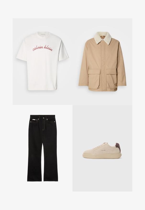Beige Winterjacke mit weißem Fleecekragen, vorderen Klapptaschen, langen Ärmeln und Calvin Klein-Logo auf der unteren rechten Tasche.; Weißes Baumwoll-T-Shirt mit kurzen Ärmeln, das mit kurvenförmigem, rotem gesticktem Text "calvin klein" auf der Brust versehen ist. Klassisches Rundhals-Design.; Schwarze Jeans mit geradem Bein, oranger Naht, fünf Taschen, Knopfverschluss und kleinem Calvin Klein-Label auf der vorderen rechten Tasche.; Beige Wildleder-Sneaker mit runder Spitze, Schnürung vorne und einem braunen Wildlederakzent an der Ferse. Verfügt über eine strukturierte Gummisohle.