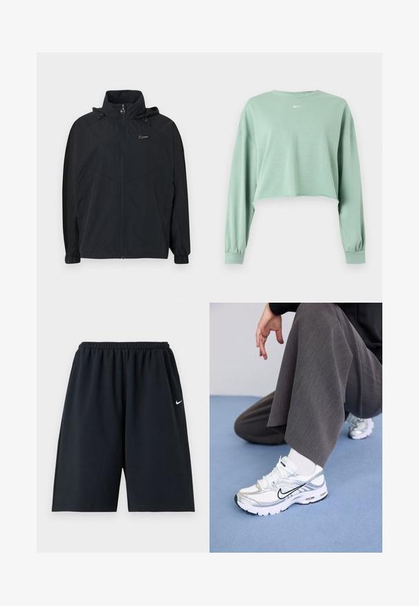 Sort hættejakke med lynlåslukning, med elastiske manchetter og en lille logoaccent på brystet. Fremstillet af let, tekstureret stof.; Lysegrøn cropped langærmet sweatshirt med elastiske manchetter og lille hvidt Nike-logo centreret under halsudskæringen.; Sorte Nike atletikshorts med elastisk taljebånd og lille hvid Swoosh-logo på højre lår, vist mod en ensfarvet baggrund.; Hvide og sølv atletik sko med meshej og syntetiske materialer, der har sorte accentlinjer, snørebånd og strukturerede såler.
