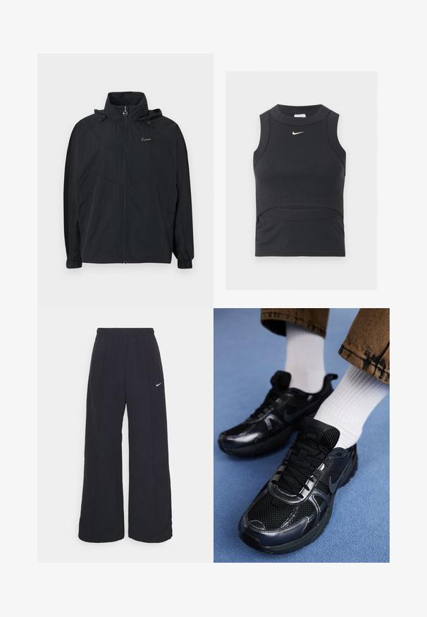 Sort hættejakke med lynlåslukning, med elastiske manchetter og en lille logoaccent på brystet. Fremstillet af let, tekstureret stof.; Sort ærmeløs cropped sportstop med ribbet tekstur og hvid Nike swoosh-logo på brystet.; Sorte brede bukser med elastisk talje og et lille hvidt Nike-logo. Stoffet har en glat tekstur, designet til komfort og afslappet brug.; Sorte Nike-sneakers med mesh og syntetisk materiale, der har en struktureret overdel, sorte snørebånd og holdbare gummisåler. Hvide ribstrikkede sokker er synlige.