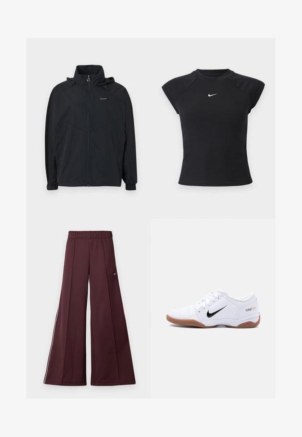 Sort hættejakke med lynlåslukning, med elastiske manchetter og en lille logoaccent på brystet. Fremstillet af let, tekstureret stof.; Sort top med korte ærmer i ribbet tekstur, med rund halsudskæring og lille hvid Nike-logo på brystet.; Bordeaux bredde-bukser i et glat stof med elastisk talje og hvide striber på siden. Har et lille Nike-logo på venstre lår.; Hvid Nike Total 90 III indendørs fodboldstøvle med sort swoosh-logo og gummisål, vist fra siden på en ensfarvet baggrund.
