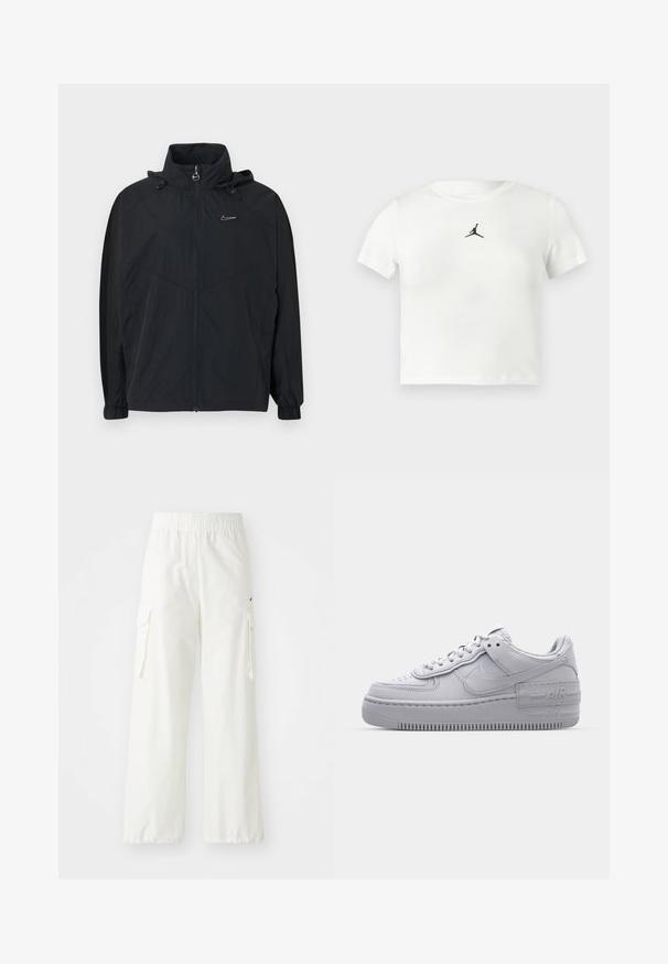 Chaqueta negra con capucha y cierre de cremallera, con puños elásticos y un pequeño logo en el pecho. Confeccionada con una tela ligera y texturizada.; Camiseta corta de algodón blanca con un logo Jumpman negro en el centro. Mangas cortas y cuello redondo con una textura suave.; Pantalones cargo blancos con un diseño de pierna ancha, que cuentan con una cinturilla elástica y bolsillos laterales. Tejido texturizado con un acabado suave.; Zapatilla Nike Air Force 1 gris con puntera perforada, parte superior de cuero suave, suela gruesa y detalle en relieve 'AIR' en el talón.