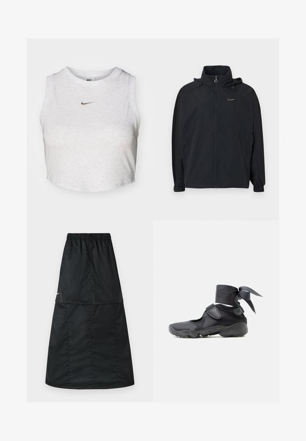 Sort hættejakke med lynlåslukning, med elastiske manchetter og en lille logoaccent på brystet. Fremstillet af let, tekstureret stof.; Hvid crop top lavet af blødt, tekstureret stof. Har en rund hals og uden ærmer med et lille guld Nike-logo på forsiden.; Sort atletisk nederdel lavet af let, glat nylonstof. Har elastisk taljebånd og et enkelt, langt, A-formet design.; Sort atletiksko med udskæringer, velcrolukninger og ankelrem bundet i en sløjfe, vist fra siden på en hvid baggrund.