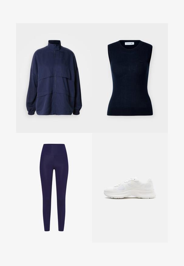 Navyblauwe jas van lichtgewicht stof, met een hoge kraag, ritssluiting en horizontale naaddetails. Elastische manchetten en onderkant.; Mouwloze zwarte gebreide top met ronde halslijn, subtiele verticale ribbels en klein Lacoste-logo op de linkerborst.; Navy blauwe leggings met een hoge tailleband, gemaakt van een gladde, rekbare stof. Het ontwerp heeft een aansluitende pasvorm zonder patronen.; Witte lage sneakers voor atletiek met bovenwerk van mesh en gestructureerde stof, gewatteerde zool en veterclosure, zijwaarts bekeken.