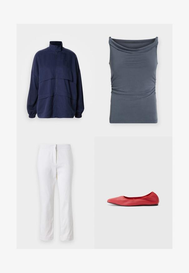 Chaqueta azul marino hecha de tejido ligero, con un alto collar, cierre de cremallera y detalles de costura horizontal. Puños y dobladillo elásticos.; Top sin mangas de color gris oscuro con un escote ancho en forma de barco drapeado y un sutil fruncido lateral.; Pantalones de algodón blancos con un diseño de pierna recta, que cuentan con una cintura de media altura y sin herrajes o patrones visibles. Textura suave en todo su recorrido.; Filippa K REY FLATS - Bailarinas - bright red