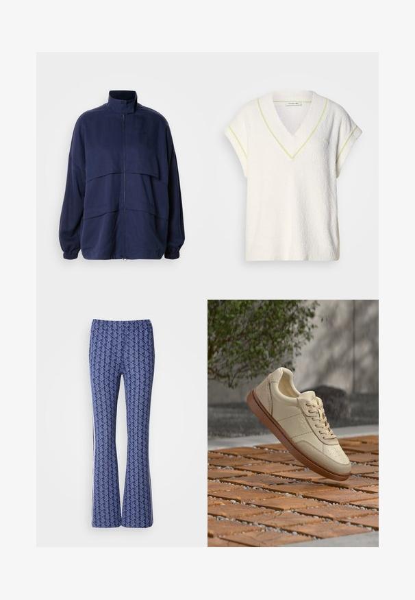 Marineblå jakke lavet af letvægtsstof, med høj krave, lynlås lukning og vandrette sømdetaljer. Elastiske manchetter og kant.; Hvid kortærmet sweater med V-udskæring, tekstureret stof og neongul accentstikning langs udskæringen og ærmerne.; Blå mønstrede bukser med udvidet ben, der har et geometrisk design, elastisk talje og hvide striber på siderne. Glat tekstur hele vejen igennem.; Beige lædersneaker med brun sål, der svæver over en flisebelagt udendørs overflade med spredte små sten og grønne blade i baggrunden.