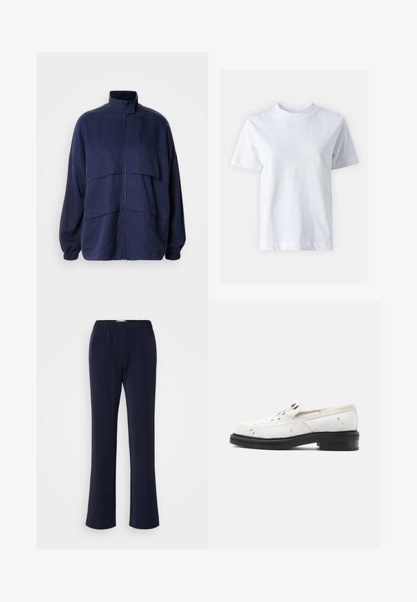 Chaqueta azul marino hecha de tejido ligero, con un alto collar, cierre de cremallera y detalles de costura horizontal. Puños y dobladillo elásticos.; T-shirt de algodón blanco con cuello redondo, mangas cortas, corte recto y textura suave. Sin patrones ni adornos.; Pantalones de pierna recta en azul marino, confeccionados con tela elástica, con cintura elástica y dos bolsillos delanteros. Textura lisa, sin patrones visibles.; Zapatillas blancas sin cordones hechas de un material texturizado similar al cabello, con motas marrones, un tacón bajo negro y un diseño liso y minimalista.