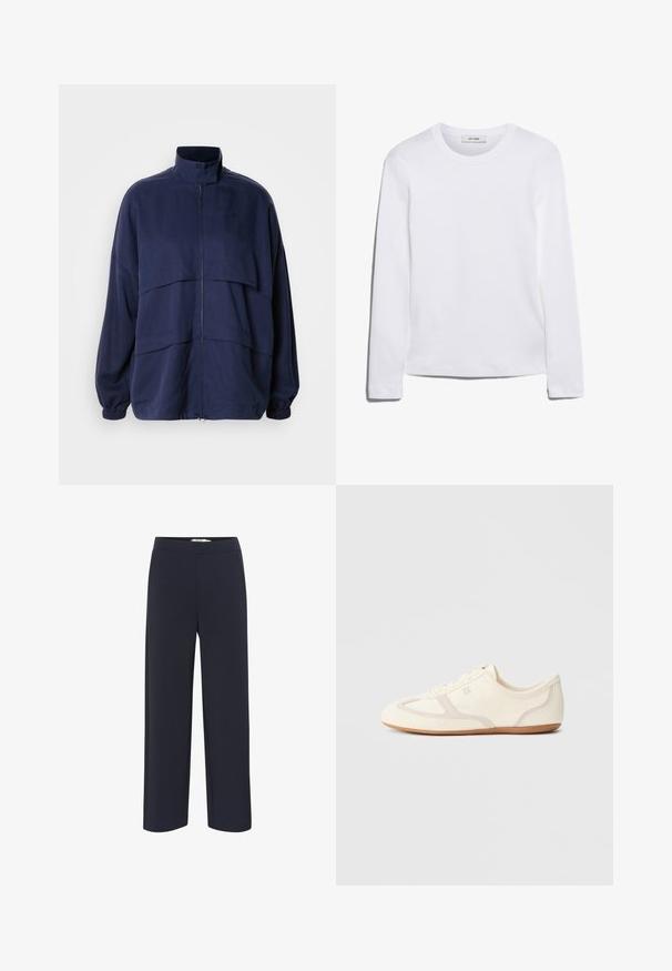 Marineblaue Jacke aus leichtem Stoff, mit hohem Kragen, Reißverschluss und horizontalen Nahtdetails. Elastische Bündchen und Saum.; Langärmliges weißes T-Shirt aus geripptem Baumwollstoff, mit rundem Ausschnitt und geradem Saum. Einfaches Design ohne Muster oder Akzente.; Marineblaue, weit geschnittene Hose aus weichem Stoff mit elastischem Bund und ohne sichtbare Taschen oder Verzierungen.; Sneakers in Cremefarben mit Obermaterial aus Wildleder und Stoff, abgerundete Zehenpartie und Gummisohle mit beigefarbenem Akzent. Schnürsenkelverschluss.