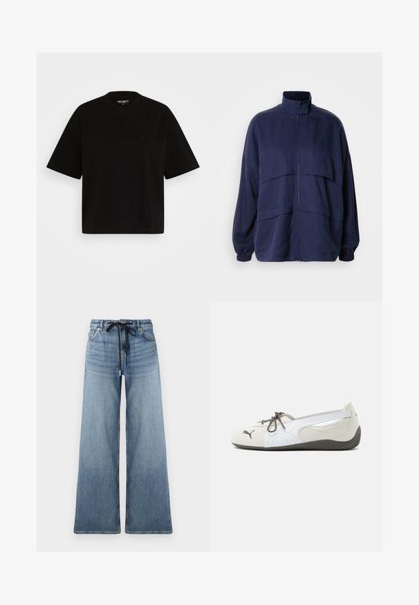 Veste bleu marine en tissu léger, dotée d'un col montant, d'une fermeture éclair et de détails de coutures horizontales. Poignets et ourlet élastiques.; T-shirt en coton noir avec une coupe décontractée, manches courtes, col rond, et un petit logo sur la poitrine gauche.; Jean en denim à jambes larges de couleur bleu clair avec une texture délavée. Équipé d'une taille ajustable avec un cordon noir et de poches traditionnelles.; Baskets blanches et grises à enfiler avec des lacets marron, logo Puma sur l'avant et semelle foncée texturée, montrées de profil sur fond blanc.