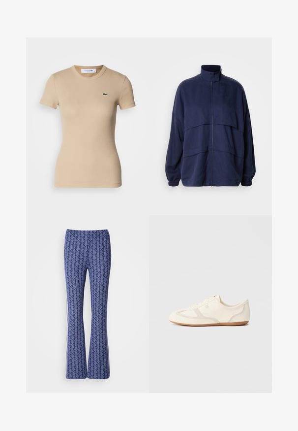 Marineblå jakke lavet af letvægtsstof, med høj krave, lynlås lukning og vandrette sømdetaljer. Elastiske manchetter og kant.; Beige ribbet bomulds t-shirt med korteærmer, rund halsudskæring, tætsiddende pasform og et lille grønt Lacoste logo på venstre bryst.; Blå mønstrede bukser med udvidet ben, der har et geometrisk design, elastisk talje og hvide striber på siderne. Glat tekstur hele vejen igennem.; Sneakers i cremefarve med overdel i ruskind og stof, rundet tå og gummisål med beige detaljer. Snørelukning.