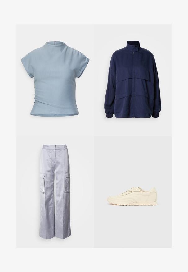 Chaqueta azul marino hecha de tejido ligero, con un alto collar, cierre de cremallera y detalles de costura horizontal. Puños y dobladillo elásticos.; Top corto de manga corta en azul claro con un alto cuello, diseño ajustado, detalles fruncidos en los hombros y una cremallera oculta en la parte posterior.; Pantalones cargo de pierna ancha color gris claro, hechos de una tela suave, con bolsillos laterales, una cinturilla ajustada y sin cierres ni cremalleras visibles.; Zapatilla de perfil bajo color crema con costuras onduladas, cierre de cordones y suela acanalada, mostrada de lado sobre un fondo liso.