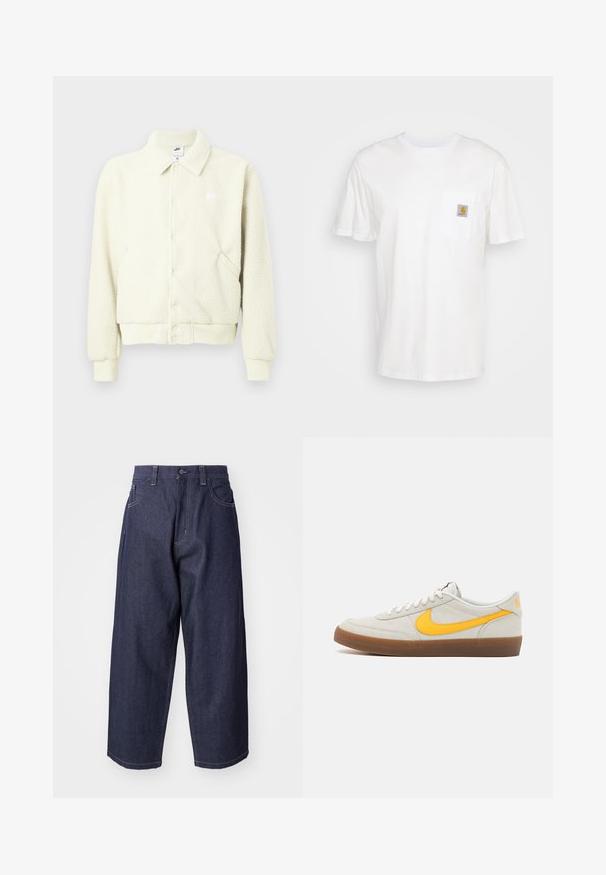 Hellbeige Fleecejacke mit Knopfleiste, Kragen, elastischen Bündchen und seitlichen Taschen; mit kleinem weißem Logo auf der Brust.; Weißes Baumwoll-T-Shirt mit kurzen Ärmeln, einer Brusttasche und einem kleinen quadratischen Logopatch in Orange und Weiß auf der Tasche.; Dunkelblaue Denim-Jeans mit einem lockeren, weiten Schnitt. Zu den Merkmalen gehören ein Knopfverschluss, Fronttaschen und sichtbare Nähte.; Nike Sneaker aus hellgrauem Wildleder mit einem gelben Swoosh, weißen Schnürsenkeln und einer braunen Gummisohle. Mit strukturiertem Finish und gepolstertem Kragen.