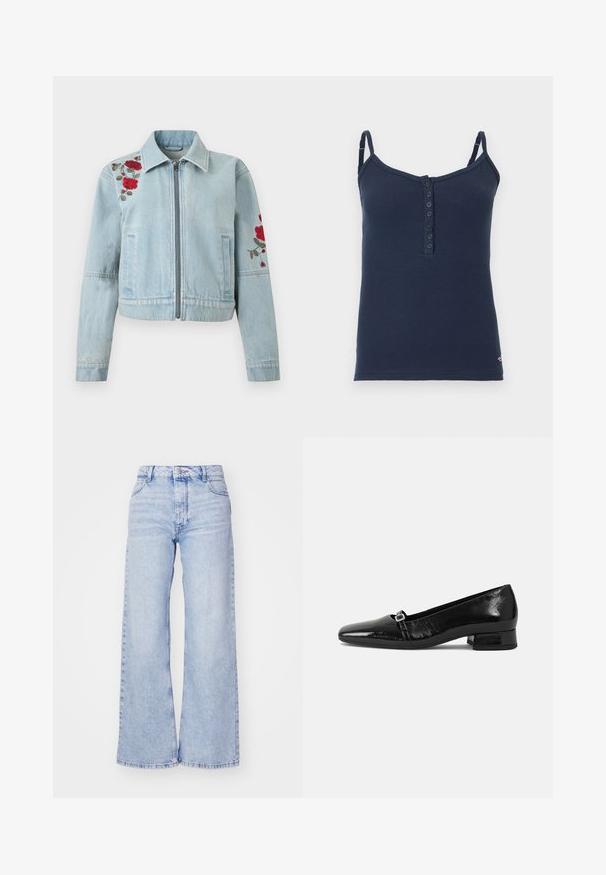 Lyseblå denimjakke med lynlås foran, rød rosebroderi på venstre skulder og højre ærme samt to forlommer.; Flaskegrøn ribbet tanktop med justerbare spaghetti-stropper og en sjælekknap række med seks knapper ned foran i midten.; Roxy MILLA - Wide leg - glacier; Sorte patentlæder balletflade med spids tå, lav firkantet hæl og en lille metallisk spænde detalje på remmen. Glat tekstur.