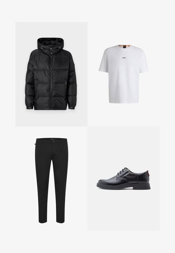 Sort puffjakke med hætte, quiltet design, frontlynlås og sidelommer. Har sølvfarvet hardware og elastiske manchetter.; Hvid bomuld T-shirt med korte ærmer, med et sort "BOSS" logo centreret på brystet og en rund halsudskæring.; Sorte bukser lavet af glat stof. Har en knaplukning, bæltesløjfer og et slim fit-design med tapered ben. Ingen synlige mønstre.; Sorte snørestøvler i læder med glat tekstur, rundet tå og diskrete syningsdetaljer. Har en rød trækflig på hælen.